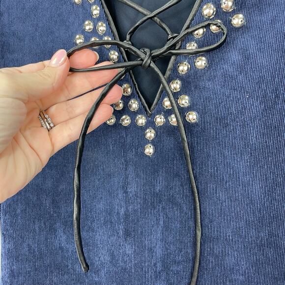 Sachin & Babi Tripp Corduroy Mini Dress Navy Blue Studded Leather Trim Small - Picture 5 of 11